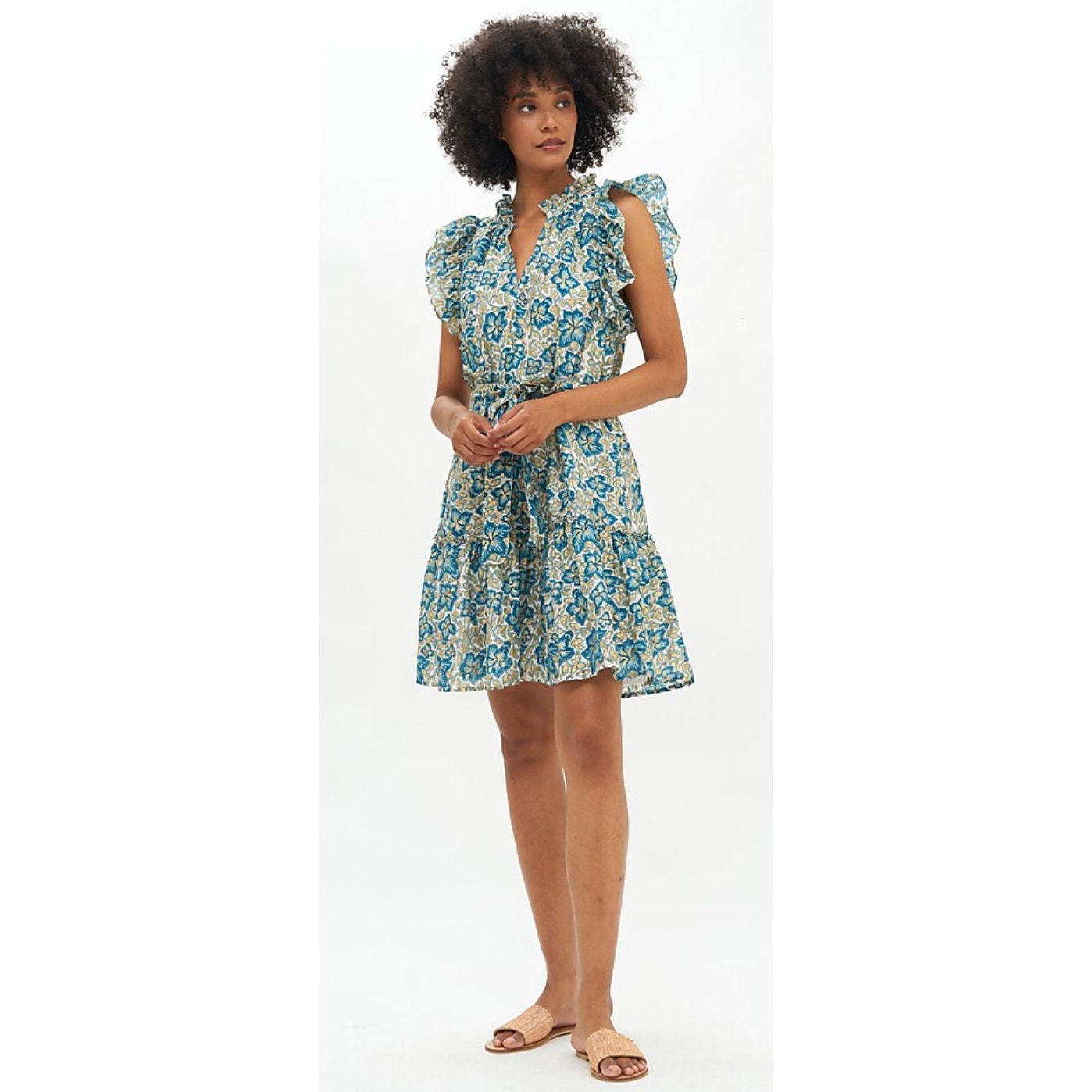 Oliphant Tuckernuck Flirty Ruffle Hem Mini Tie Waist Block Print Floral Dress L